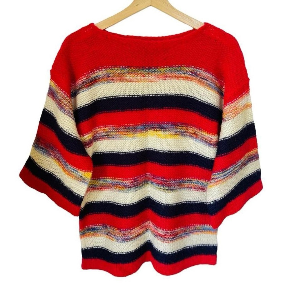 Vintage Handmade Red Cream Black Multicolor Striped 3/4 Sleeve Wool Sweater
